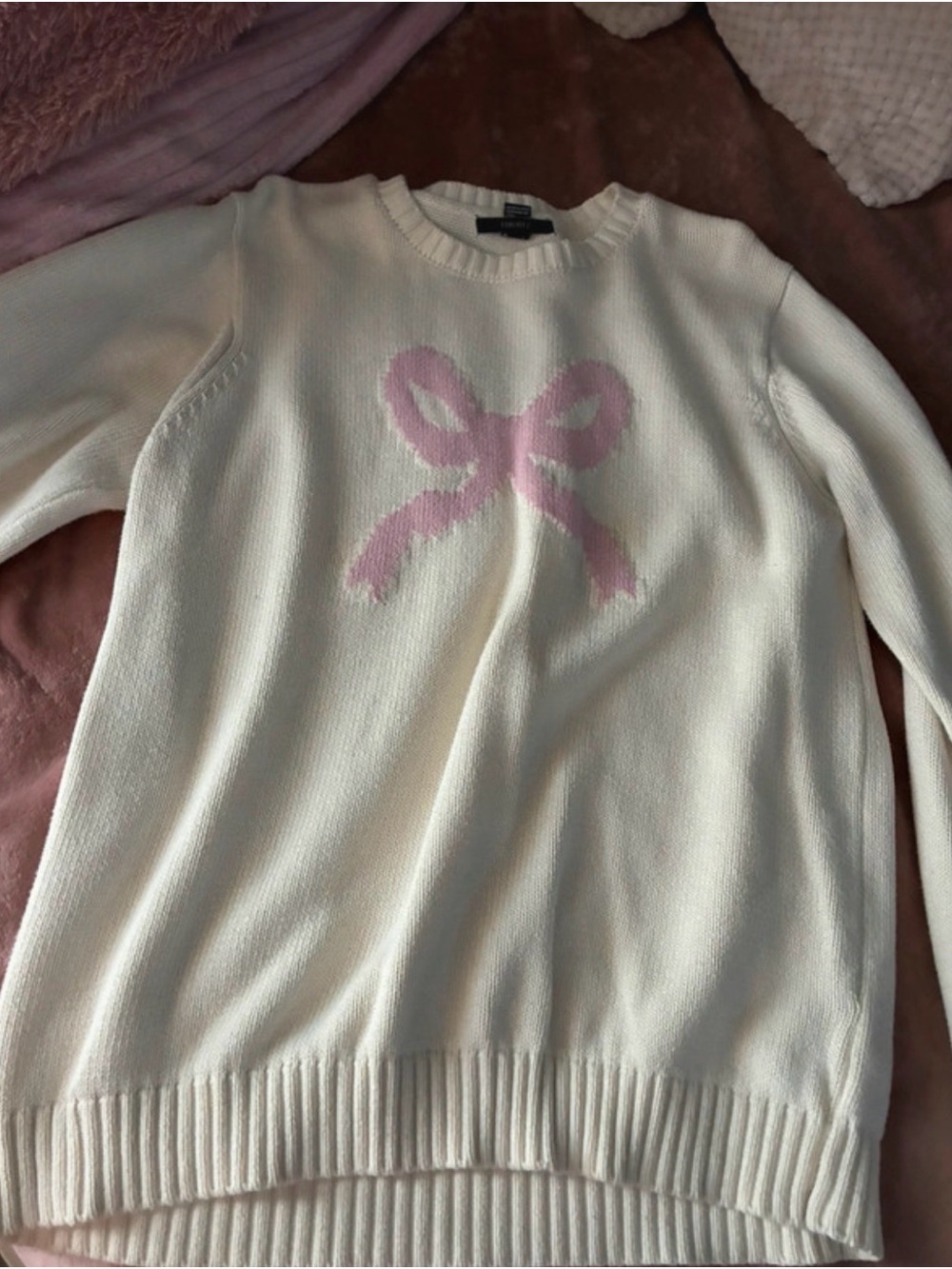 Forever 21 Cream Crewneck Sweater with Pink Bow